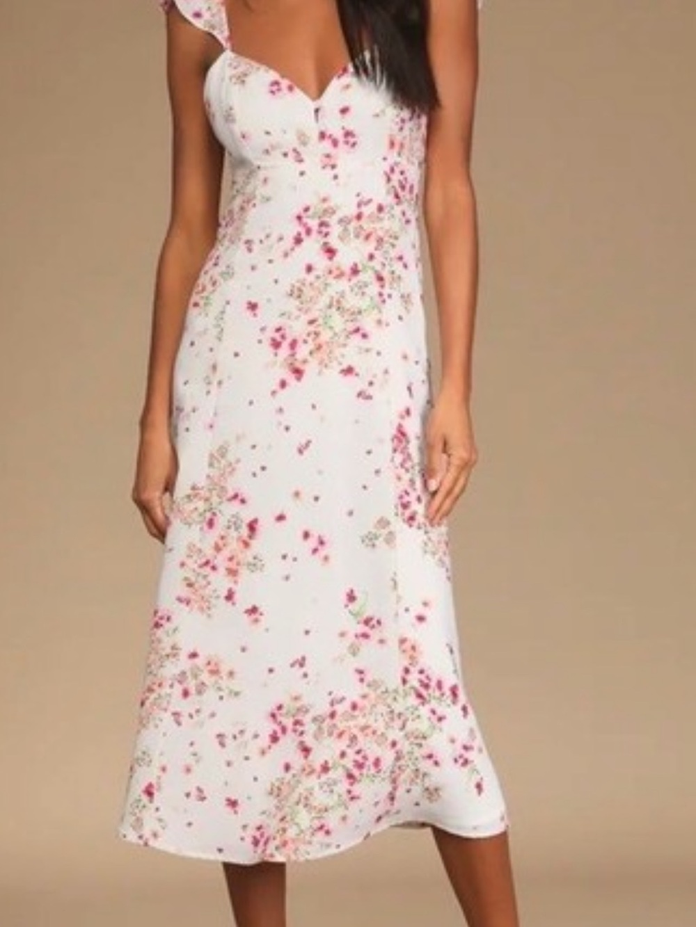 Lulu's White Floral Ruffle Strap Midi Dress
